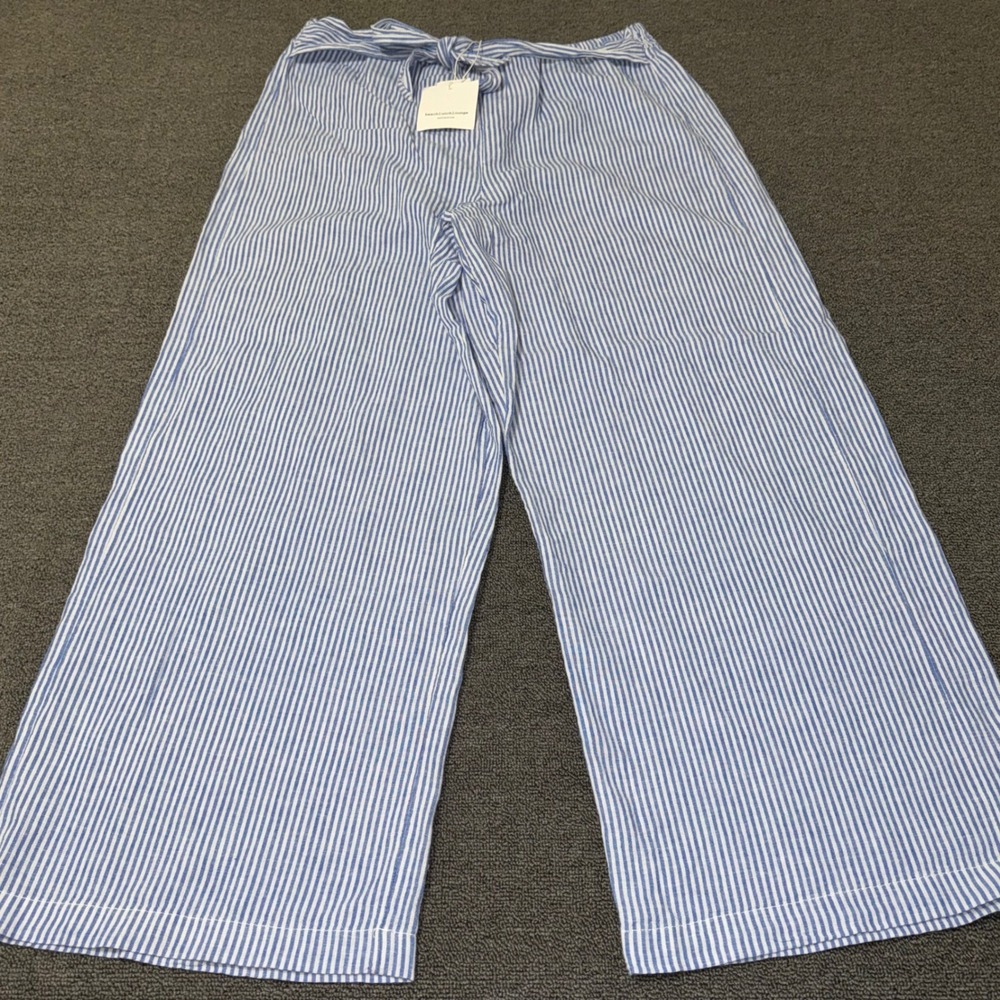 Beachlunchlounge Florencia Blue White Striped Linen Blend Wide Pants Size Large